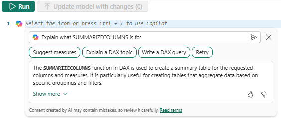 SUMMARIZECOLUMNS DAX 함수에 대한 간략한 설명을 보여 주는 스크린샷