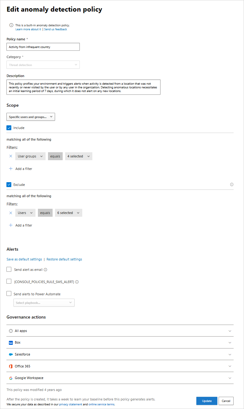 변칙 검색 정책에 범위가 지정된 액세스를 추가하는 방법을 보여 주는 스크린샷