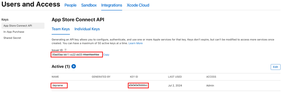 Apple App Store Connect API 세부 정보의 스크린샷