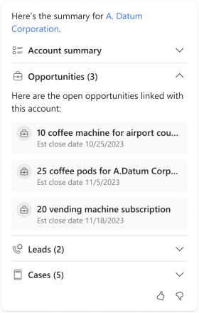 Screenshot of the Copilot account summary along with opportunities list for the account. Screenshot of the Copilot account summary along with opportunities list for the account.
