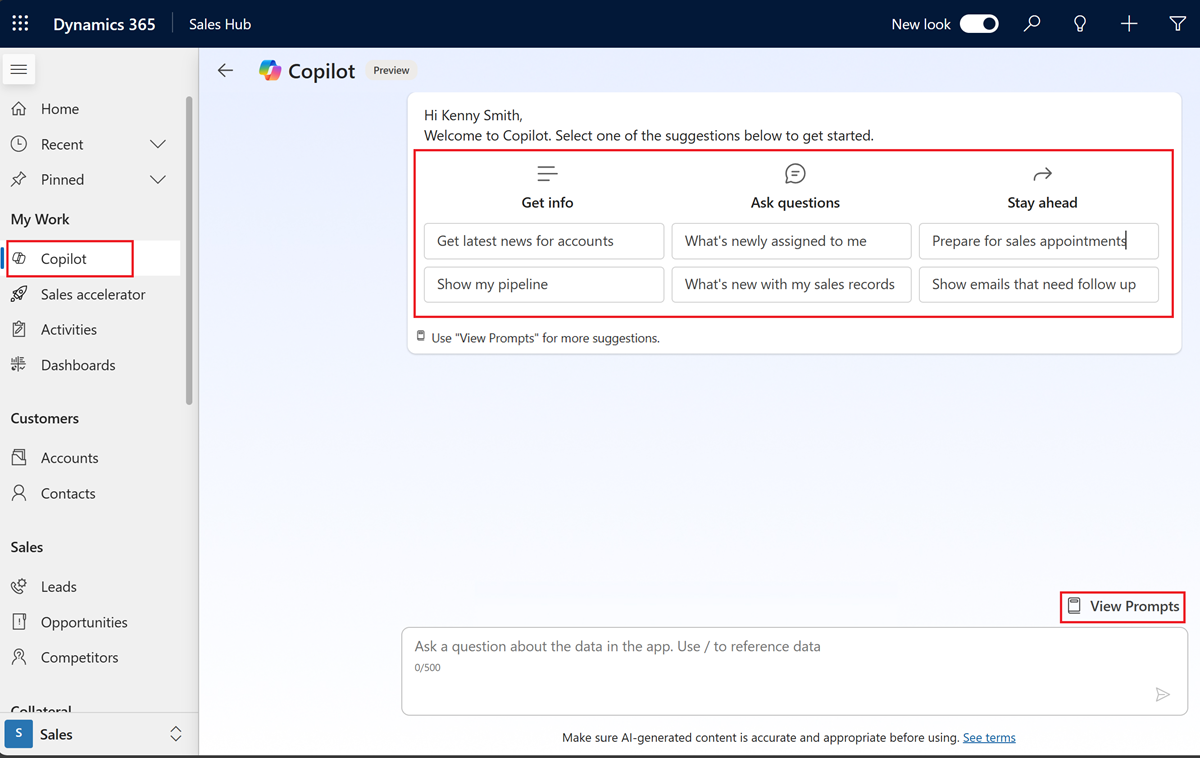 Screenshot of the Copilot page in Dynamics 365 Sales showing suggested requests, with the Copilot icons in the left and right side panes highlighted.