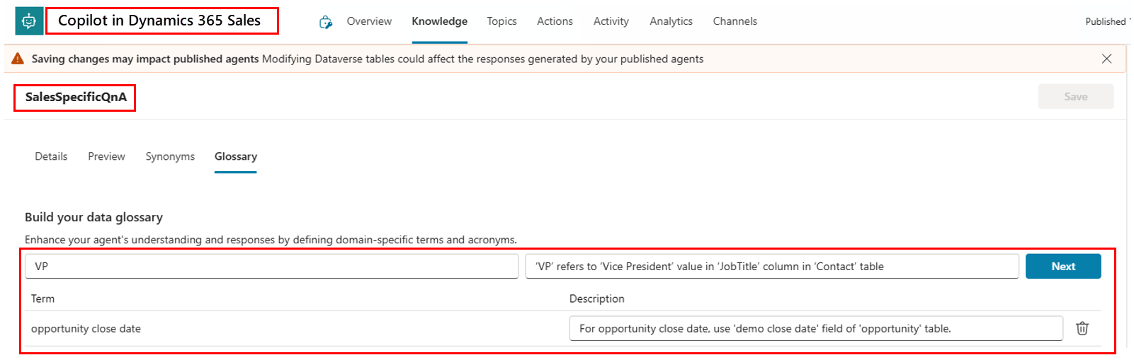 Copilot Studio의 용어집 구성 페이지 스크린샷.