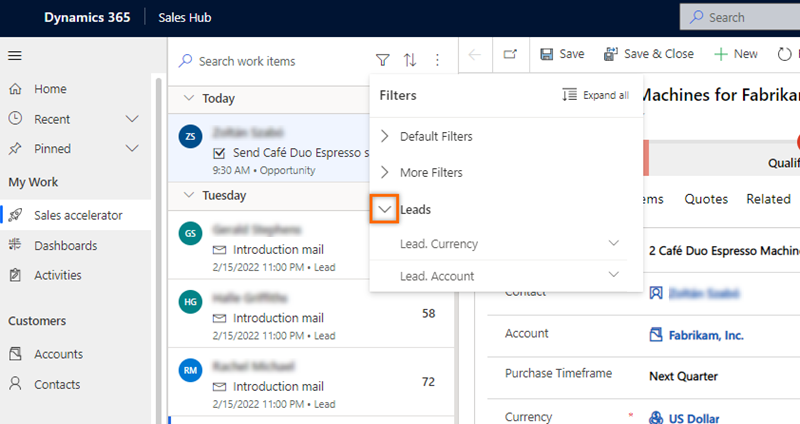 필터에서 잠재 고객을 선택하는 스크린샷.