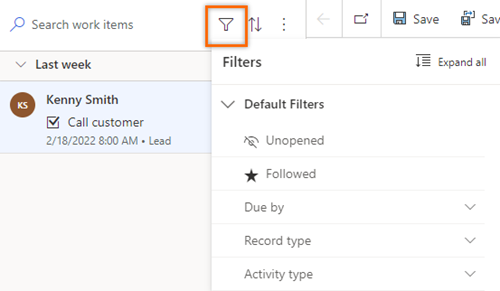 작업 목록 필터 옵션의 스크린샷.