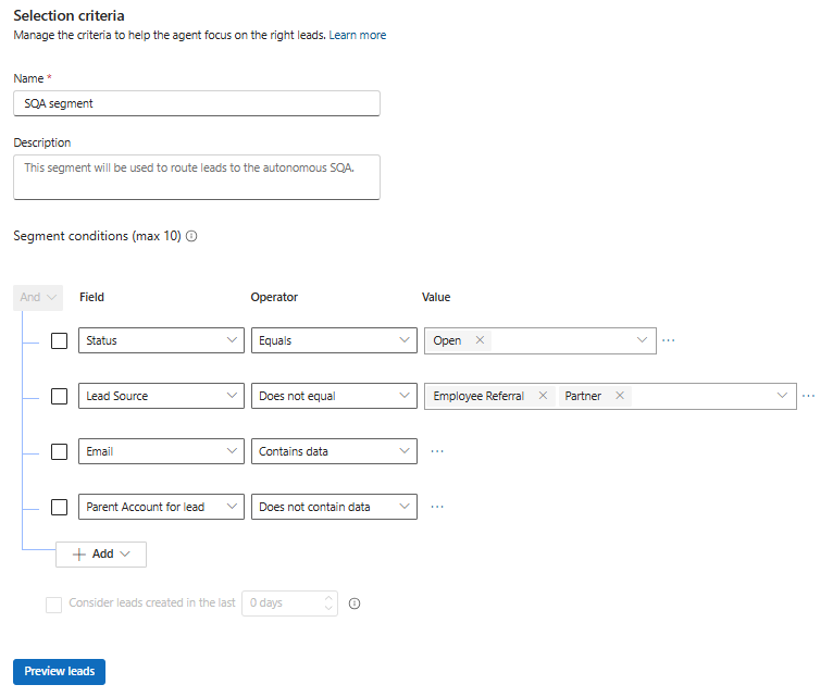 선택 조건이 강조 표시된 영업 자격 에이전트 설정 페이지의 스크린샷