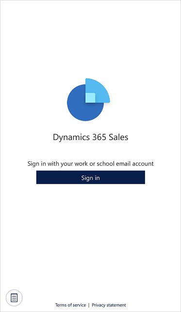 Dynamics 365 Sales 모바일 앱의 로그인 화면 스크린샷