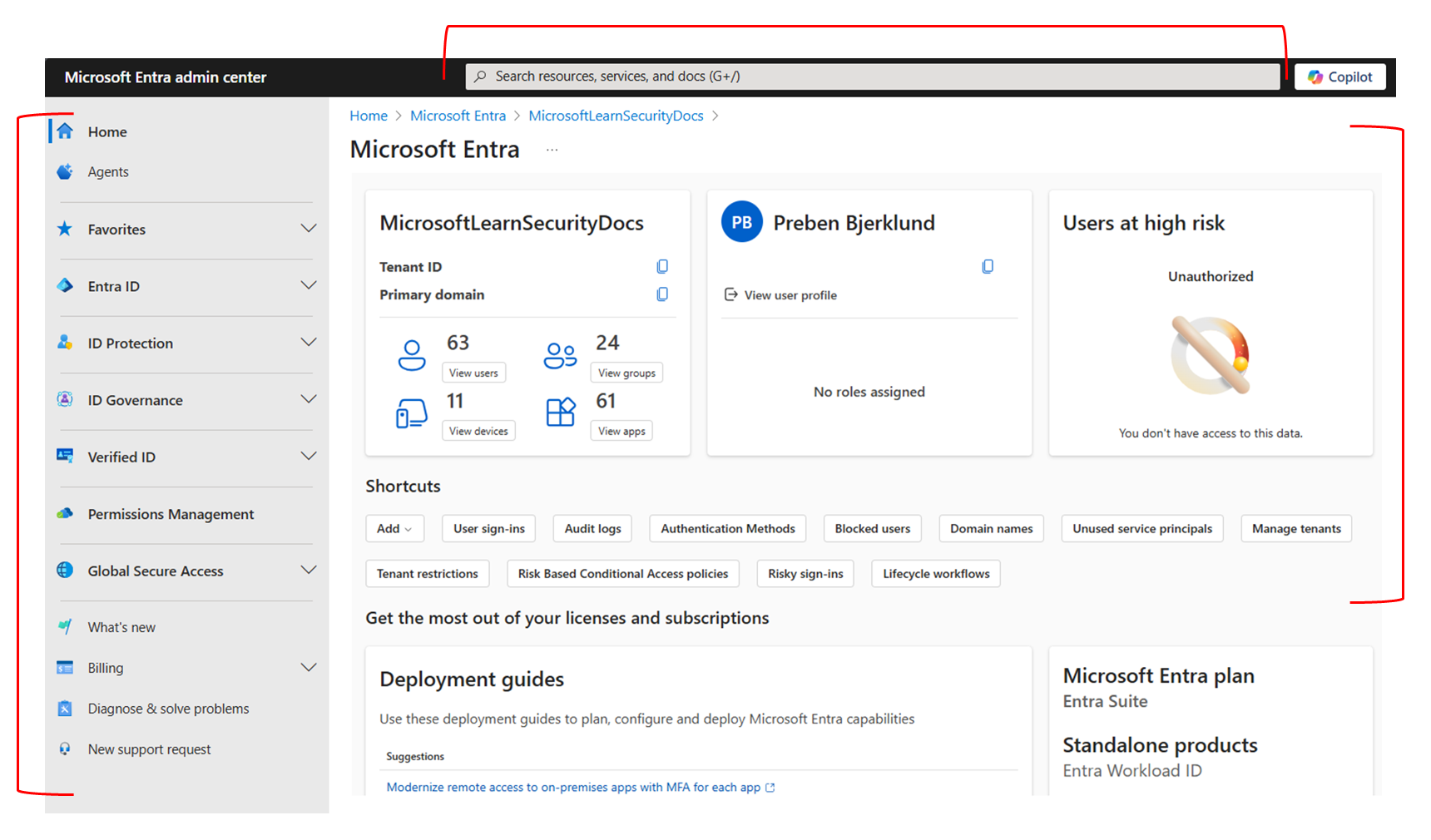 Microsoft Entra 관리 센터 개요 홈페이지의 스크린샷.