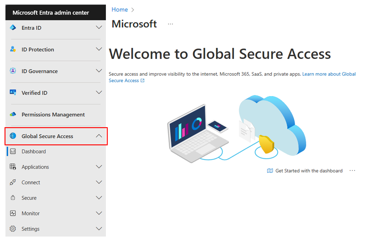Microsoft Entra 관리 센터 글로벌 보안 액세스 메뉴의 스크린샷