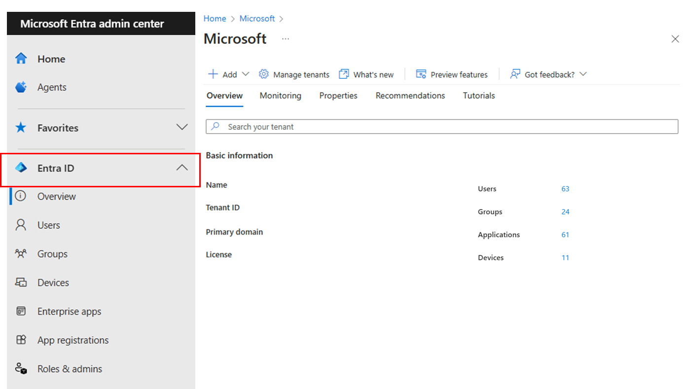 Microsoft Entra 관리 센터 ID 메뉴의 스크린샷.