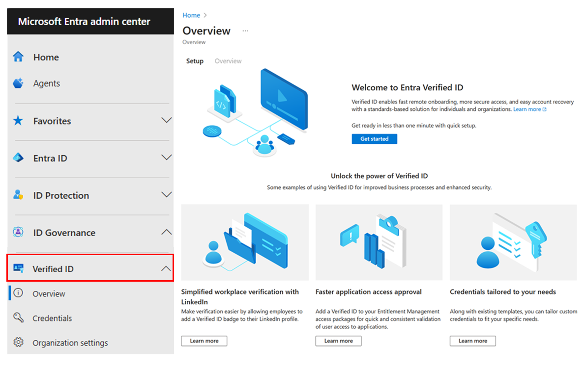 Microsoft Entra 관리 센터의 확인된 ID 메뉴 스크린샷.