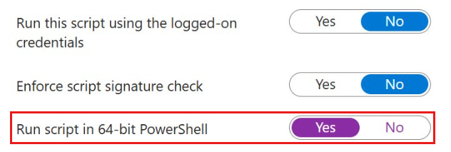 64비트 PowerShell에서 스크립트를 실행 옵션을 예로 설정한 사용자 지정 스크립트 설정 탭의 스크린샷