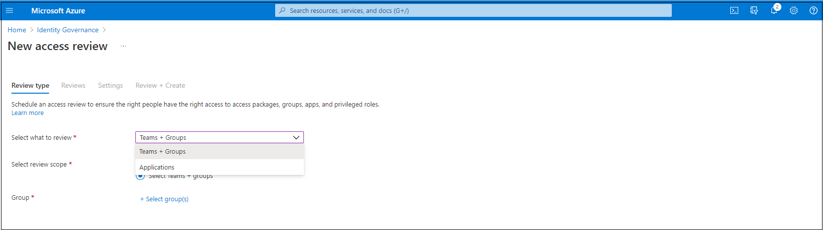 액세스 검토 만들기를 보여 주는 스크린샷