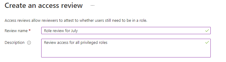 액세스 검토 만들기 - 검토 이름 및 설명의 스크린샷