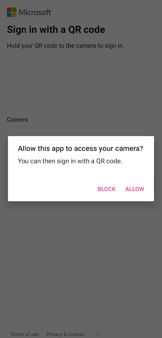 Android QR 코드 및 PIN 인증 프롬프트를 보여 주는 스크린샷