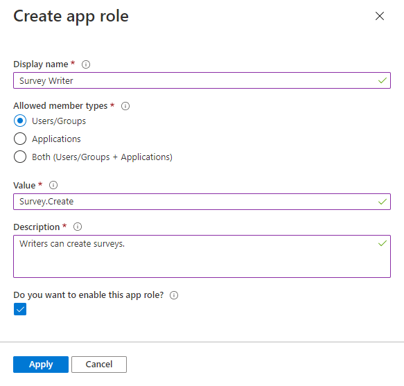 Azure 포털에서 앱 등록 시 앱 역할을 만드는 컨텍스트 창