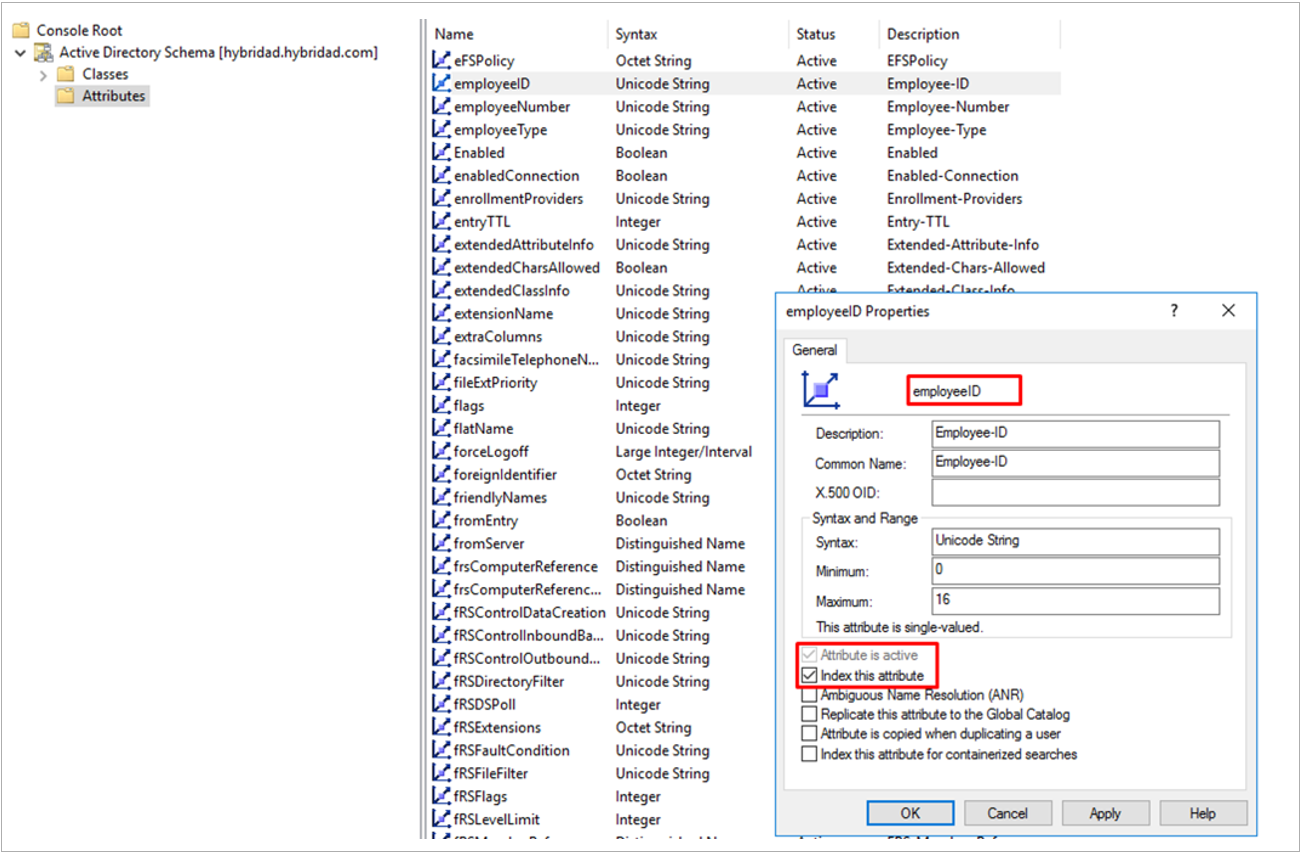 Screenshot of the employee ID attribute properties.