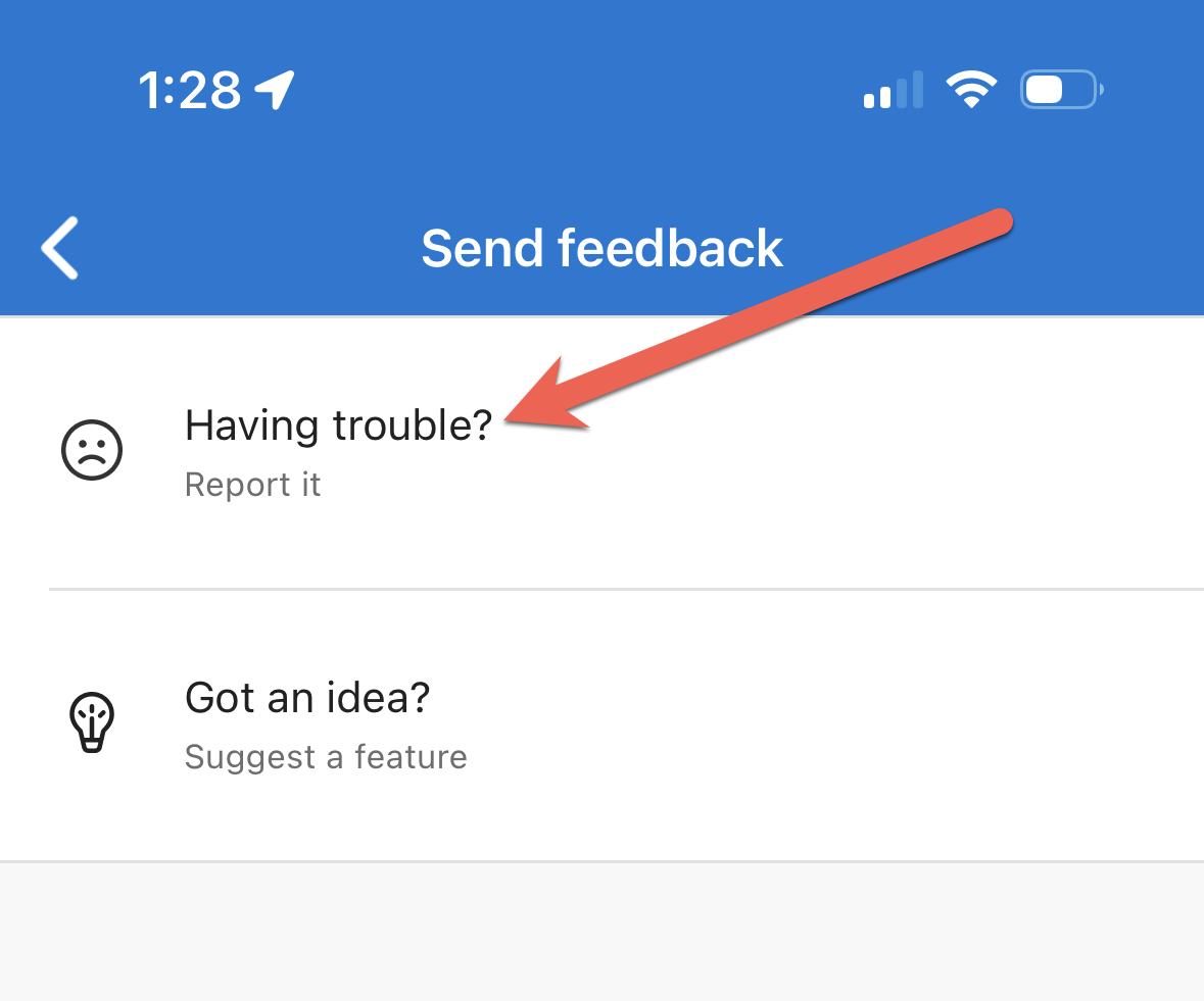 Microsoft Authenticator 앱에 문제가 있는 옵션을 보여 주는 스크린샷