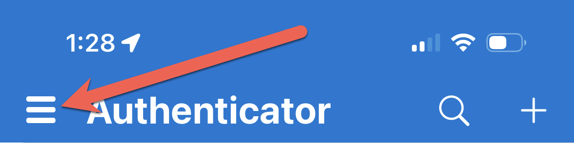 Microsoft Authenticator 앱의 메뉴 단추 위치를 보여 주는 스크린샷