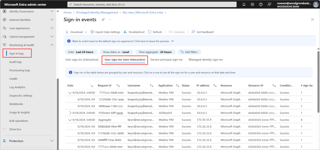 비대화형 사용자 로그인 로그의 스크린샷.