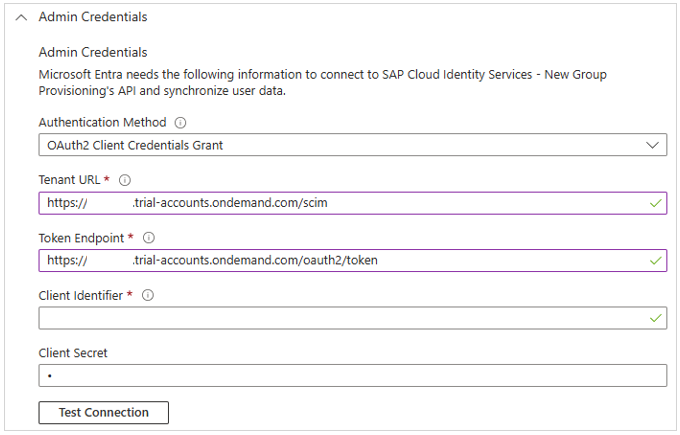 프로비저닝 UX의 관리자 자격 증명 섹션 스크린샷