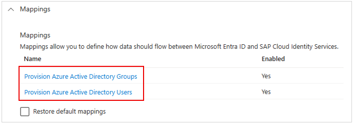 SAP Cloud Identity Services에 대한 사용자 및 그룹 매핑의 스크린샷