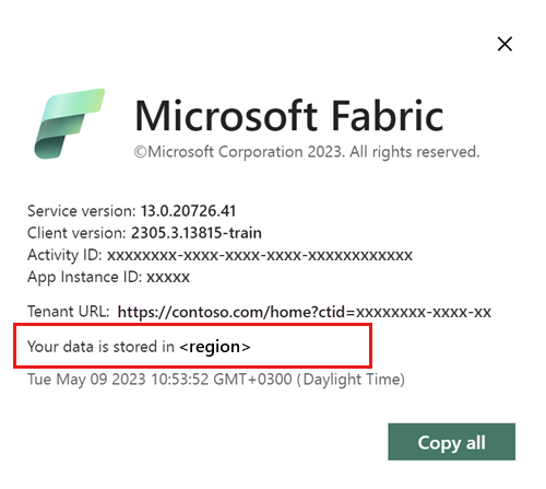 데이터 스토리지 위치가 강조 표시된 Microsoft Fabric 정보 창을 보여주는 스크린샷.