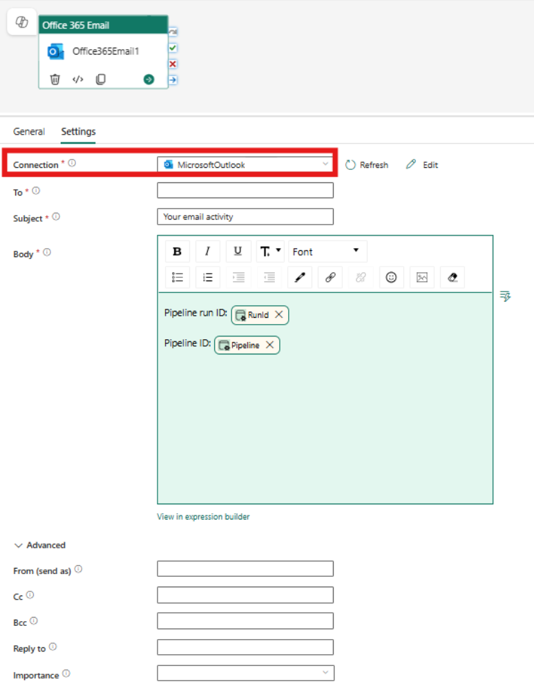 Outlook 활동의 설정 창을 보여 주는 스크린샷.