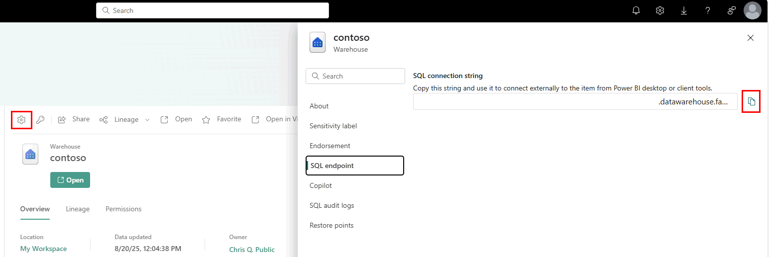 설정 창 SQL 엔드포인트 페이지의 패브릭 포털 스크린샷.