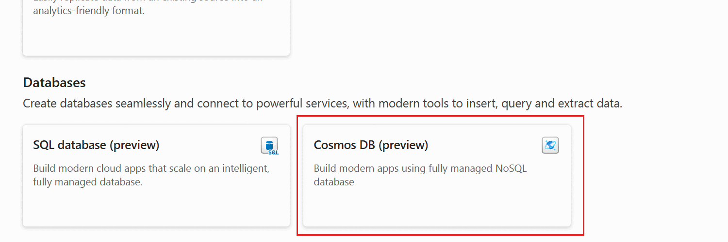 패브릭 포털에서 Cosmos DB 데이터베이스를 특별히 만드는 옵션의 스크린샷.