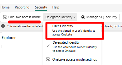 SQL 분석 엔드포인트에 OneLake 보안을 사용하도록 설정하는 '사용자 ID'를 선택하는 스크린샷.