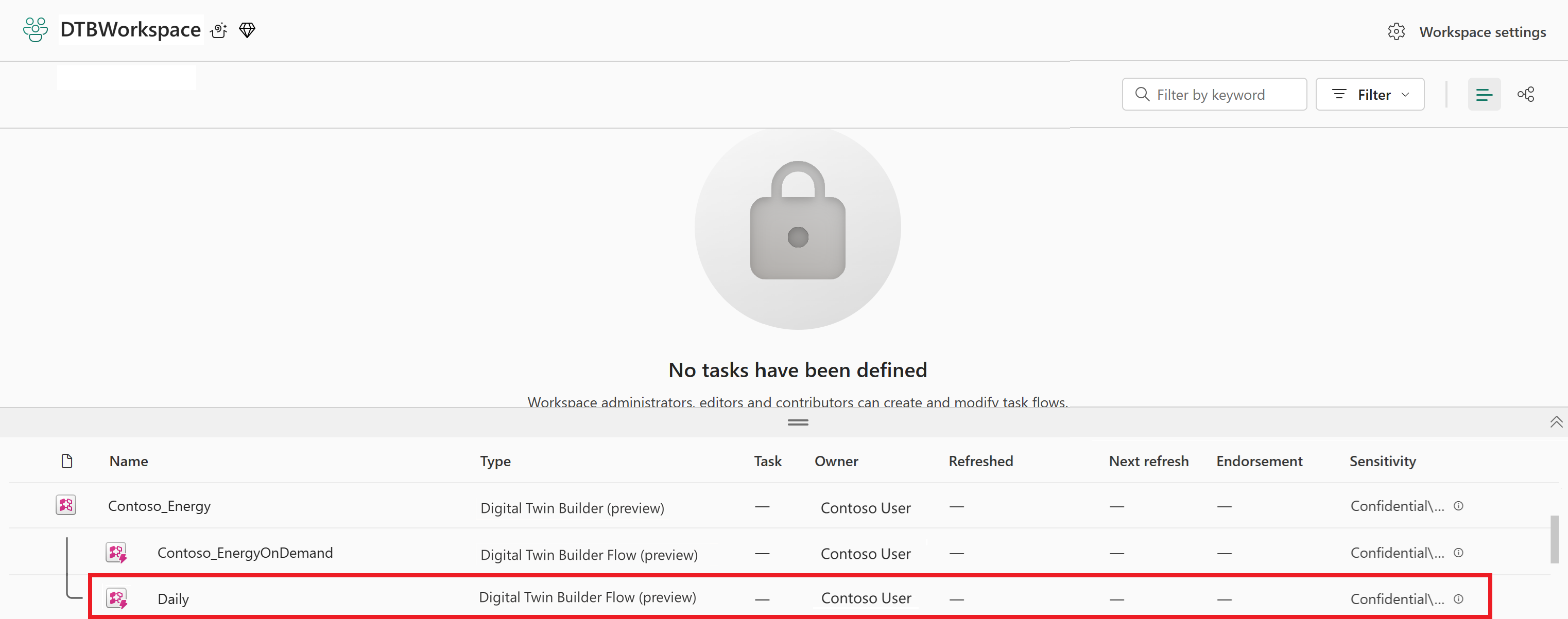Microsoft Fabric 작업 영역의 흐름 차일드 스크린샷