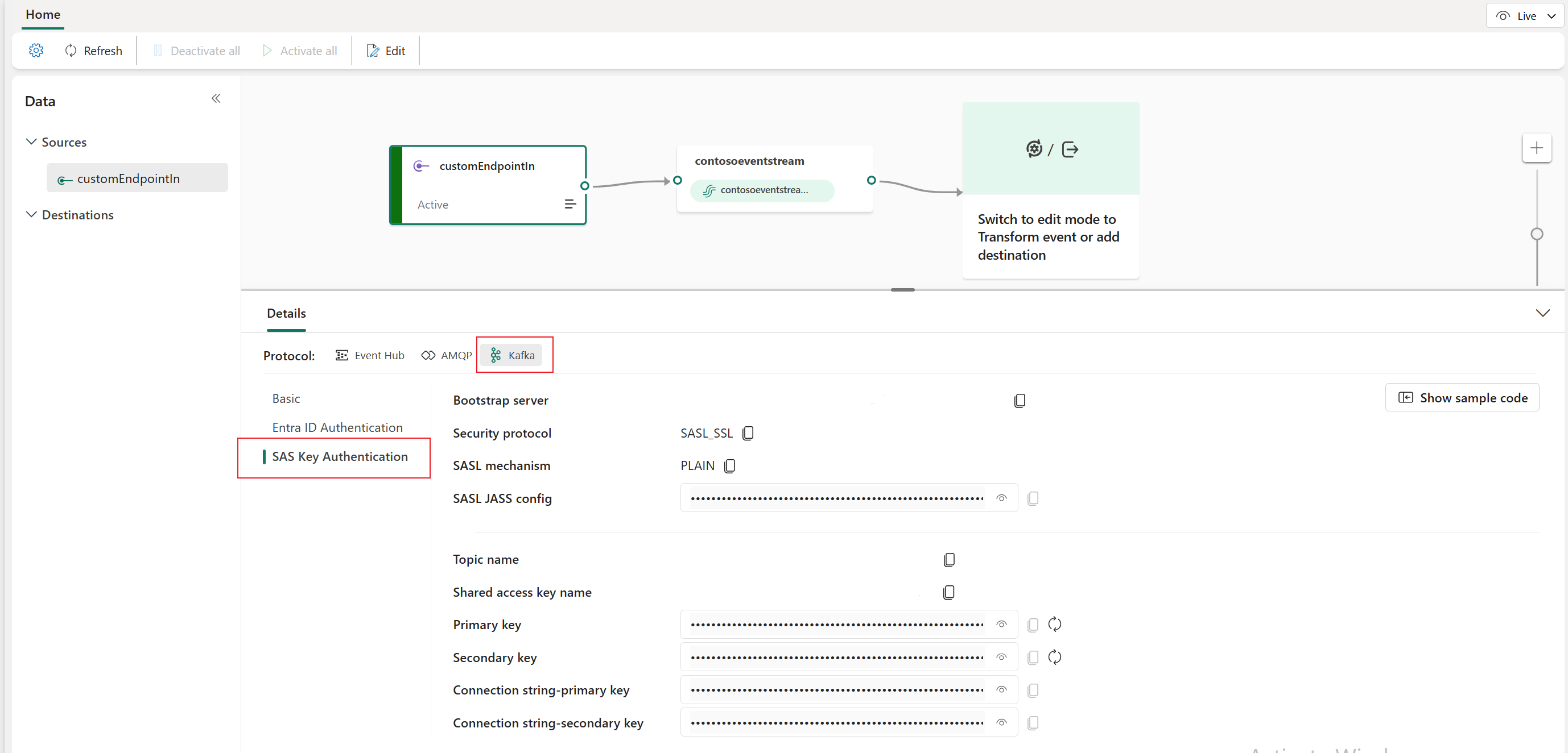 이벤트 스트림 라이브 보기의 세부 정보 창에서 Kafka 키를 보여 주는 스크린샷