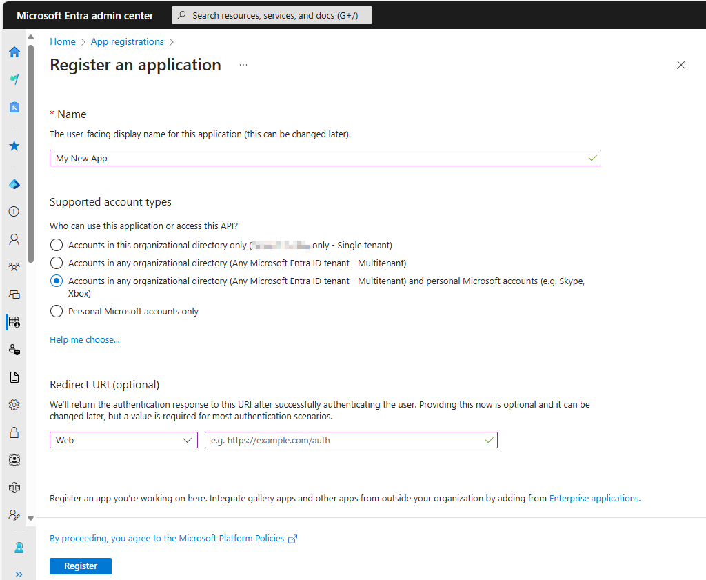 새 앱 속성 및 값 페이지의 스크린샷