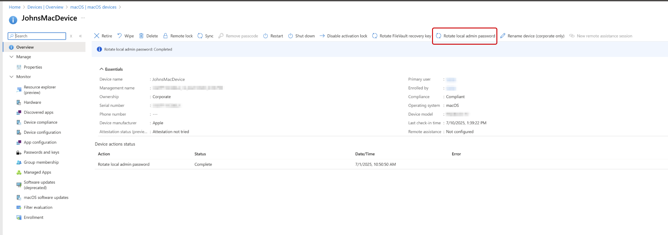 디바이스 개요 창의 화면 캡처