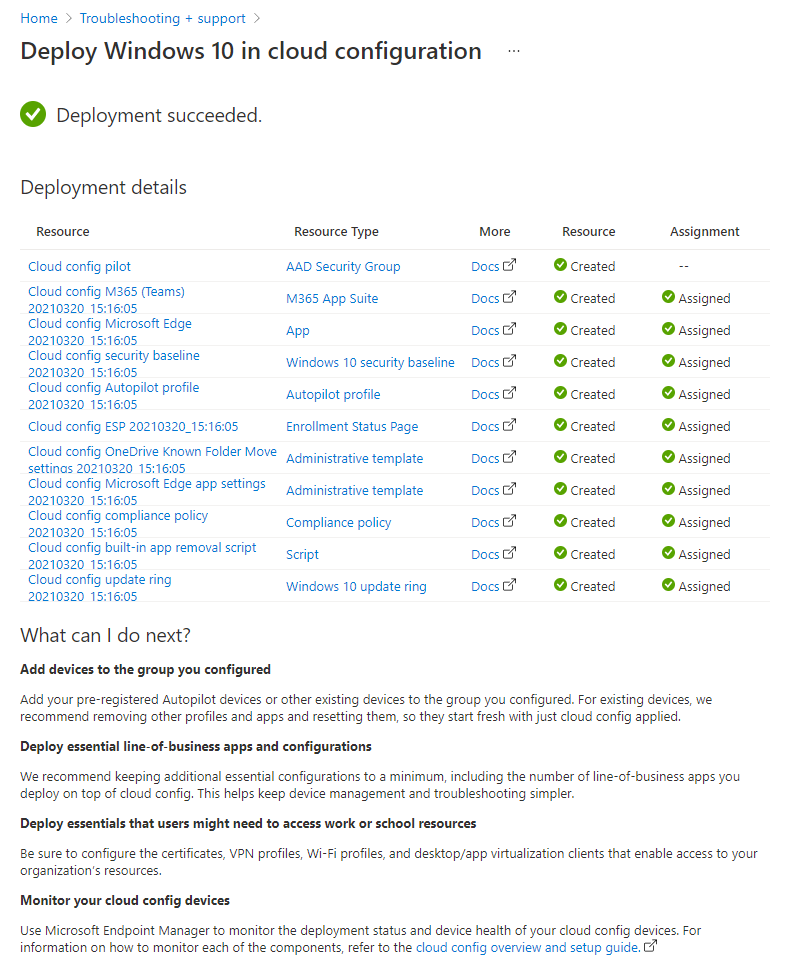Microsoft Intune에서 클라우드 구성 단계별 시나리오 배포 상태 Windows를 검토하는 방법을 보여 주는 스크린샷
