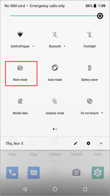 Nexus 5X 빠른 설정의 비활성 작업 모드 아이콘 스크린샷