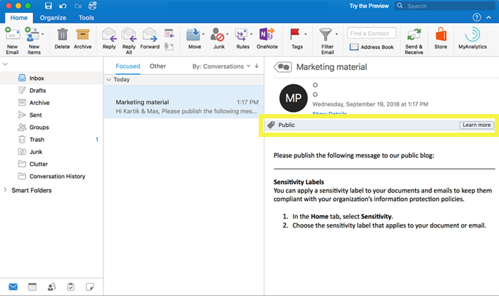 전자 메일에 적용된 민감도 레이블입니다.