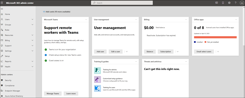 Microsoft 365 관리 센터 대시보드 보기의 스크린샷.