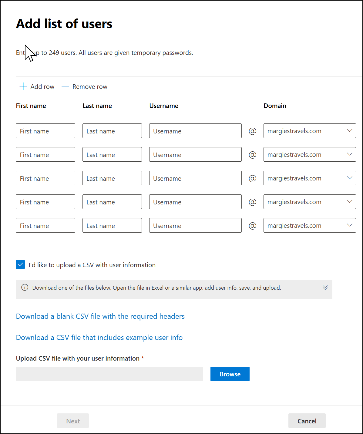 사용자 목록을 추가하는 Microsoft 365 관리 센터 스크린샷.