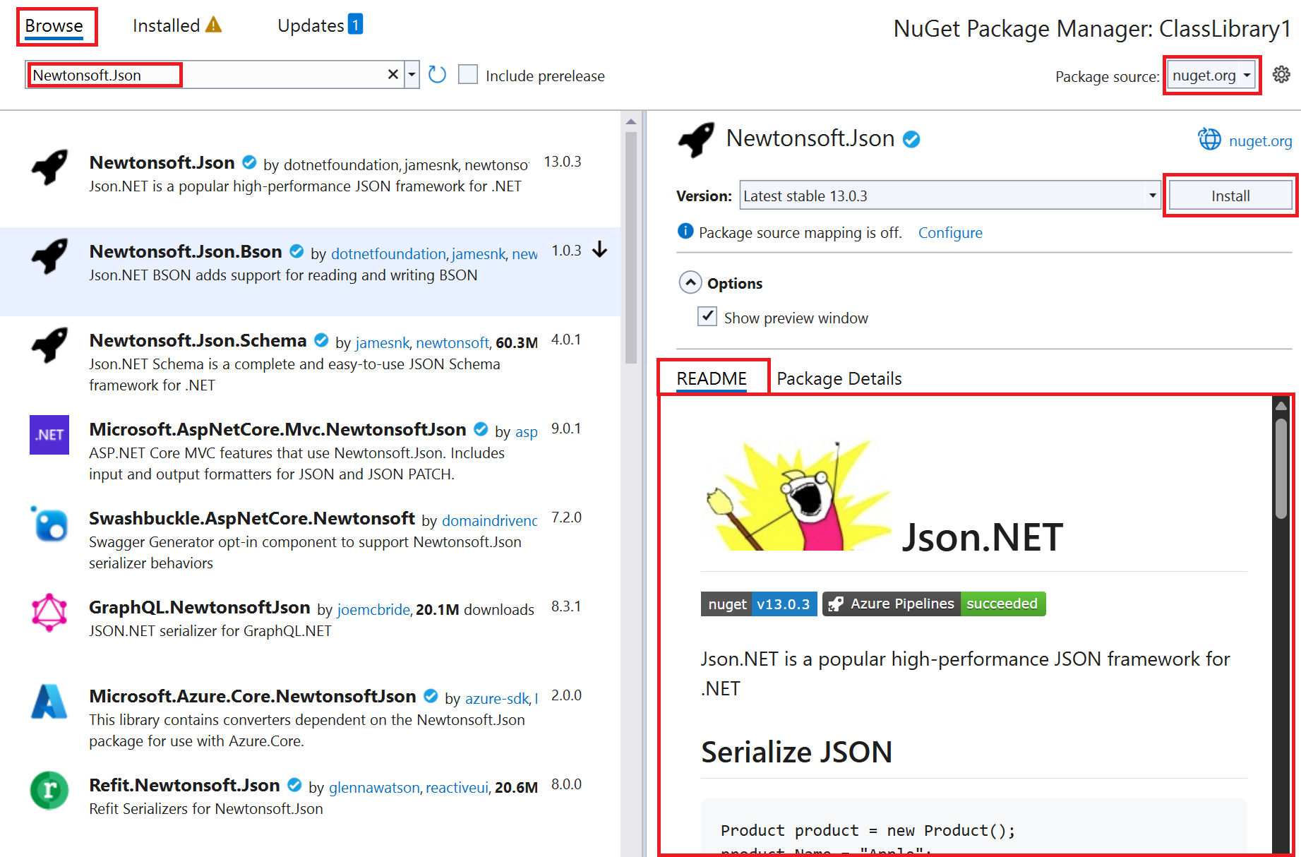 추가 정보 탭이 선택된 NuGet 패키지 관리자 창을 보여 주는 스크린샷