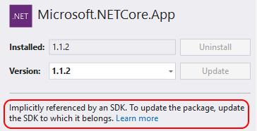 업데이트 단추를 사용할 수 없는 NuGet 패키지를 보여 주는 스크린샷