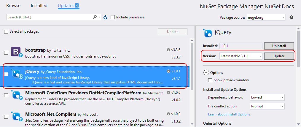패키지가 선택되고 업데이트 단추가 강조 표시된 NuGet 패키지 관리자를 보여 주는 스크린샷
