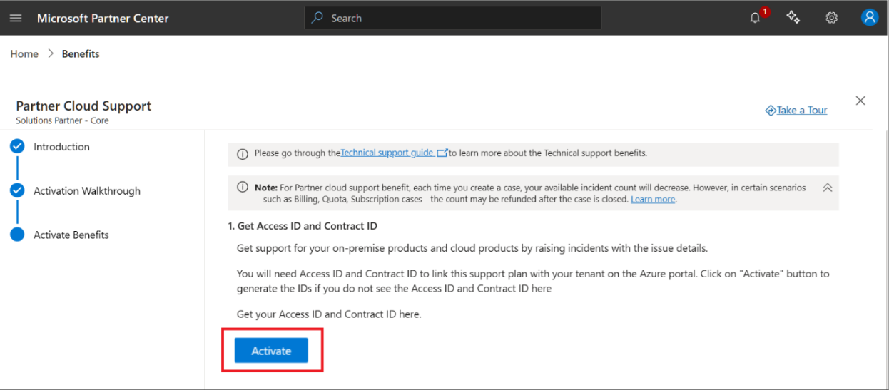 소개 섹션의 애플리케이션 게시 상담 마법사의 스크린샷. '활성화' 단추가 강조 표시됩니다.