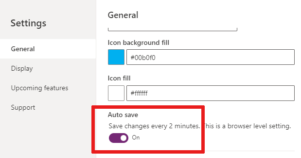 Power Apps 설정의 자동 저장 토글 위치 스크린샷