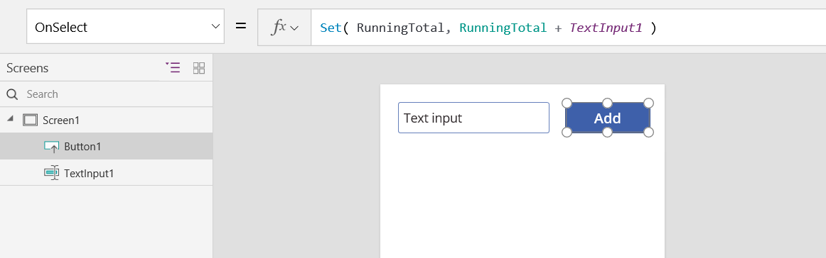 Set 함수에 설정된 추가 단추의 OnSelect 속성 스크린샷