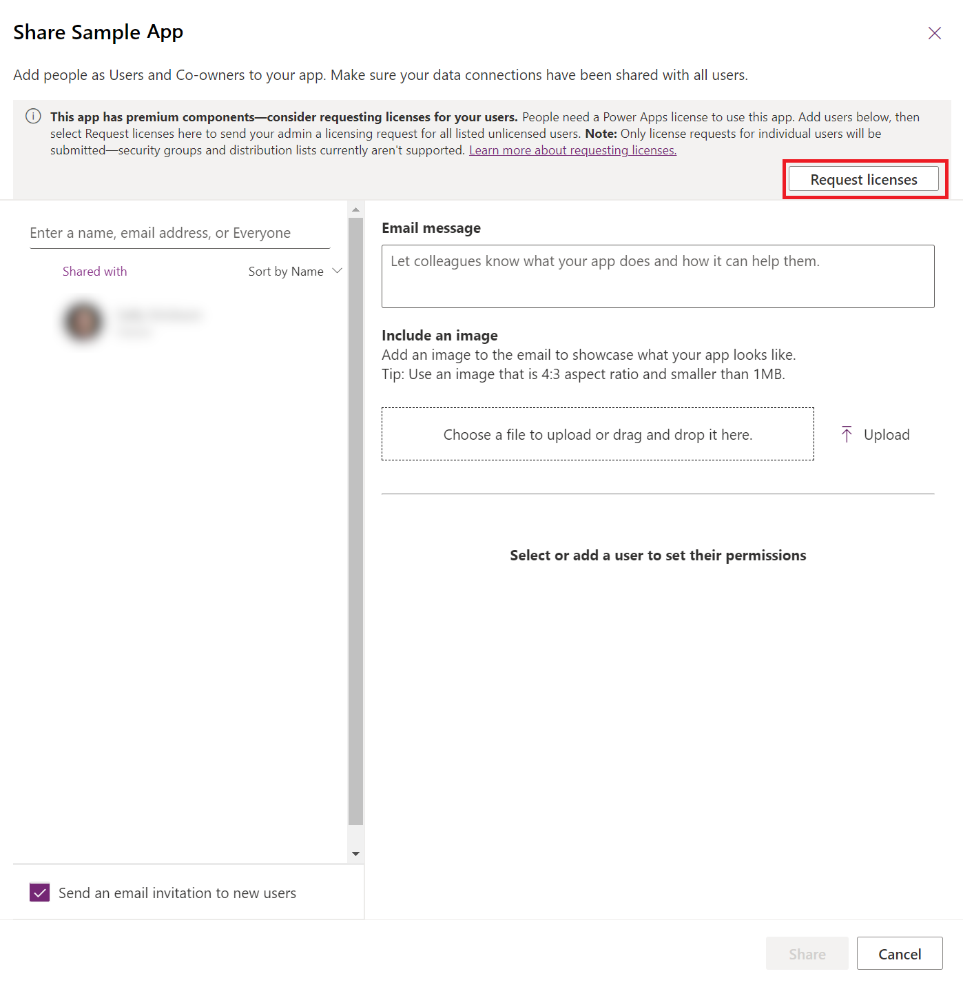 요청 라이선스가 강조 표시된 Power Apps 공유 앱 페이지의 스크린샷