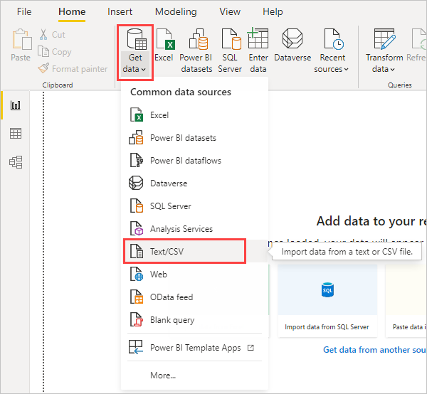 스크린샷은 텍스트/CSV를 선택할 수 있는 데이터 가져오기 옵션을 보여줍니다.