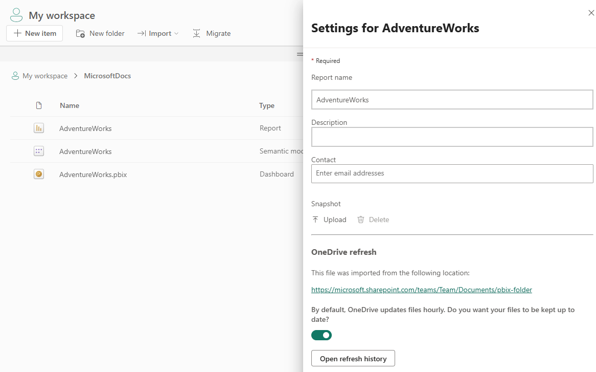 OneDrive 새로 고침 섹션을 보여 주는 라이브 연결 보고서 설정의 스크린샷