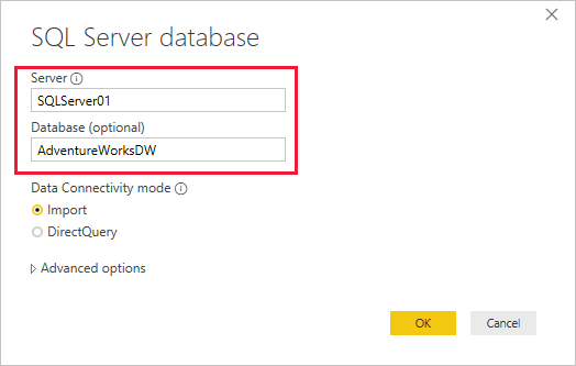 SQL Server 데이터베이스 대화 상자의 스크린샷.