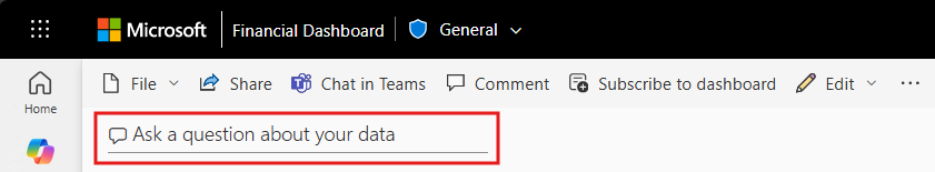 대시보드 타일 보기의 Q&A 질문 상자를 보여 주는 스크린샷.
